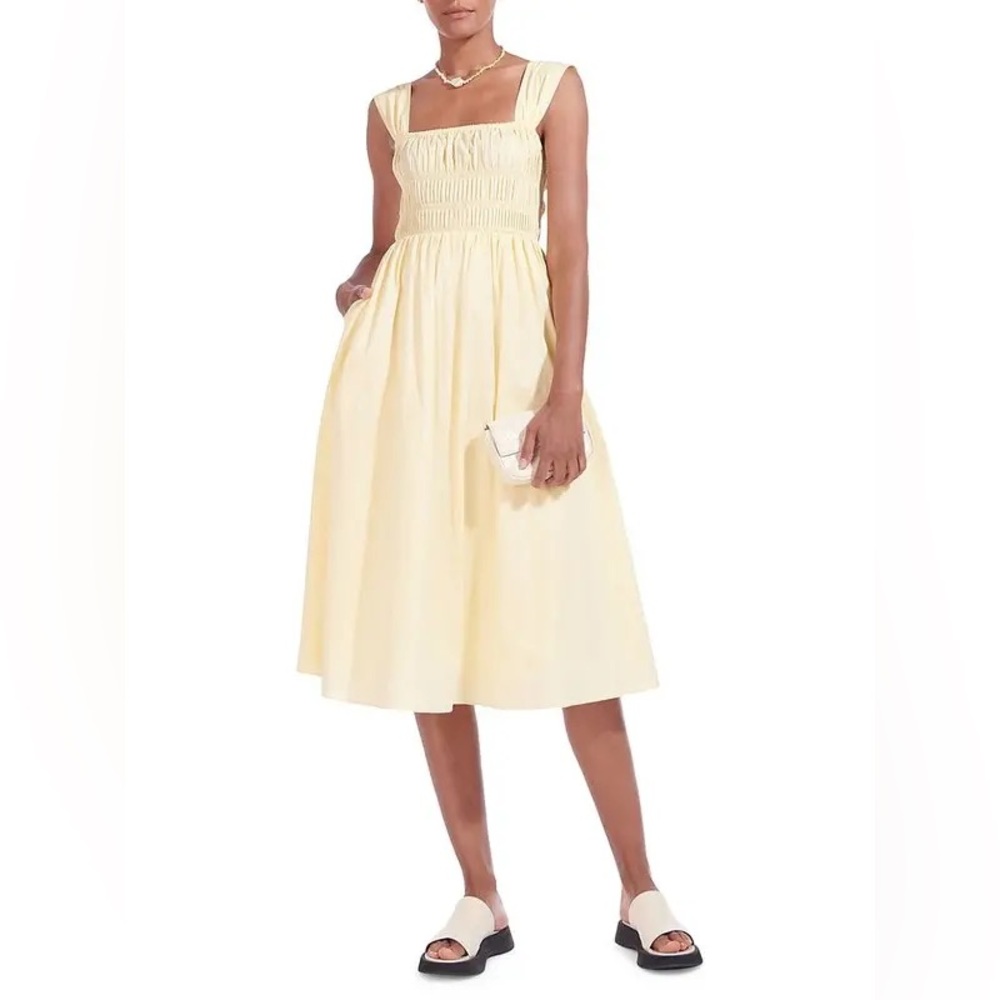 STAUD Ida Smocked Poplin Midi Dress In Yellow